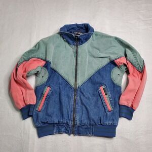 Chili Pepper Mens Bomber Jacket Blue Green Pink Colorblock Denim Cotton Medium